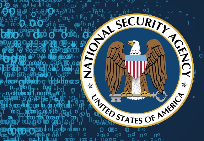 NSA logo on bianry code background for quantum-resistant encryption algorithms